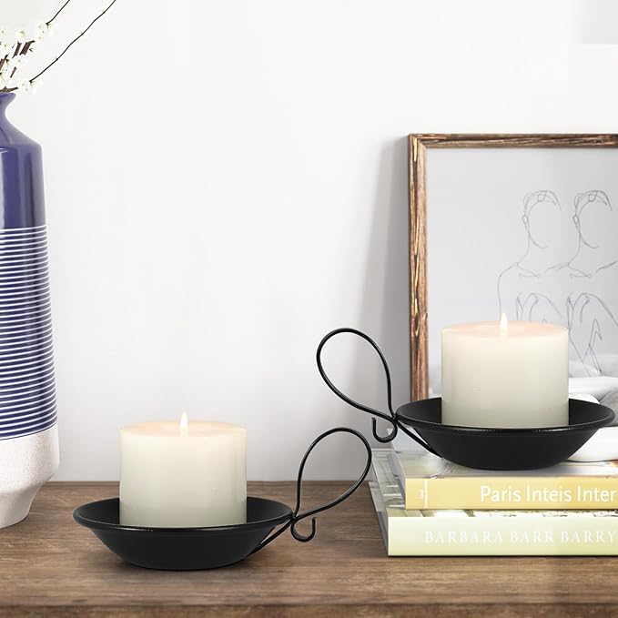 Matte Black Iron Candle Holder with Handle, 4pcs Iron Pillar Candle Holders with Safety Spike for Pillar/Ball Candles, Table Centerpiece Decoration