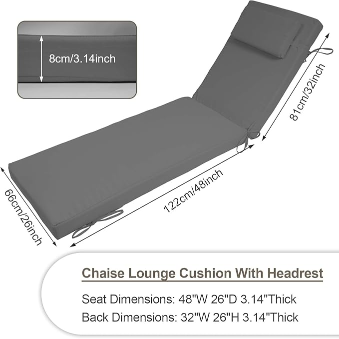 Chaise Lounge Cushions Outdoor Set of 2, 80x26x3 Lounge Chair Cushions for Outdoor Furniture, Patio Lounger Pads with Removable Cover for Pool, Deck, Lawn,Dark Gray