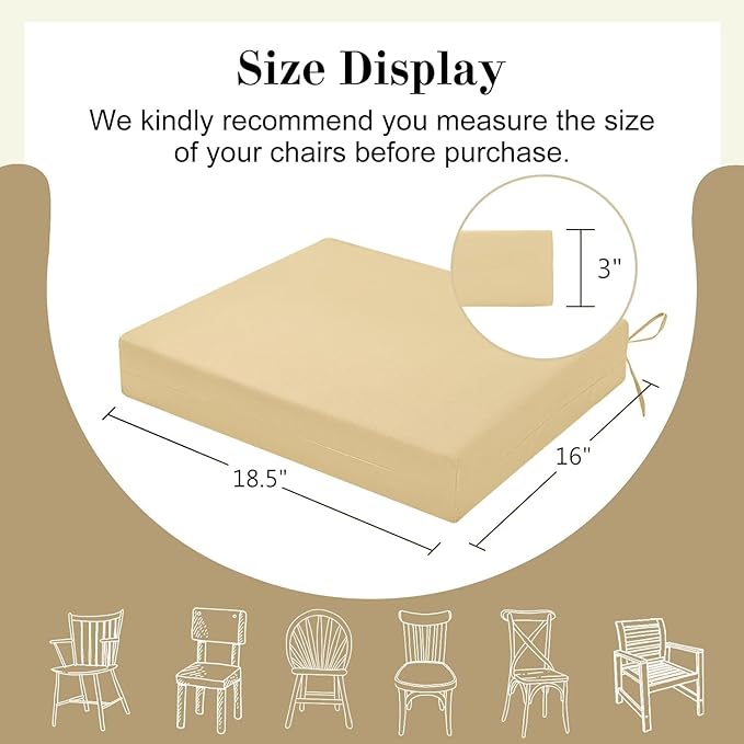 Cozyide Outdoor Chair Cushions, Waterproof Patio Seat Cushions with Adjustable Straps, Square Corner Patio Chair Cushions for Garden, Khaki, 18.5x16x3 Inch (Pack of 4)