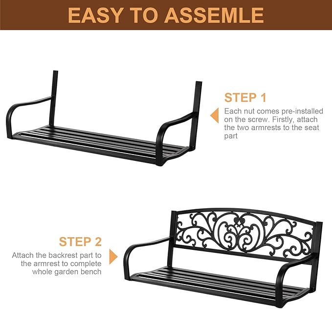 Outvita Outdoor Bench, 50" Metal Frame Garden Bench Patio Porch Furniture with Plastic Floral Design Backrest Powder-Coated Chair Yard Entryway Deck Furniture