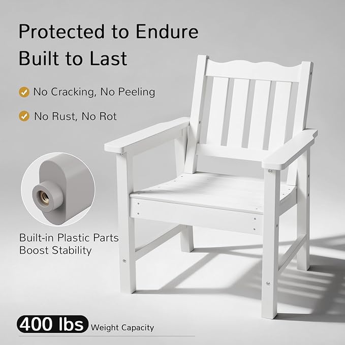 Stoog Oversized Patio Chair, All-Weather Outdoor Chairs with Curved Backrest, 400 lbs Support Patio Dining Chair, for Backyard, Garden, Porch, Deck and Balcony, White