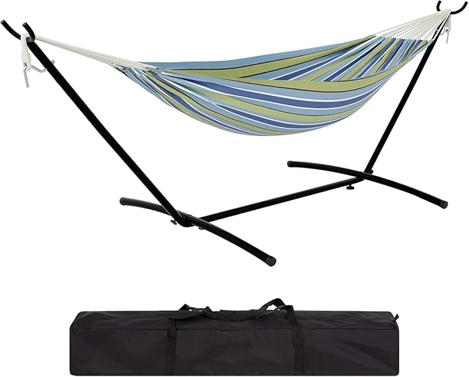 Double Hammock with Stand, 2 Person Portable Foldable Outdoor Hammock, 450lb Capacity Heavy-Duty Hammock for Garden, Patio, Backyard, Blue and Green Stripes