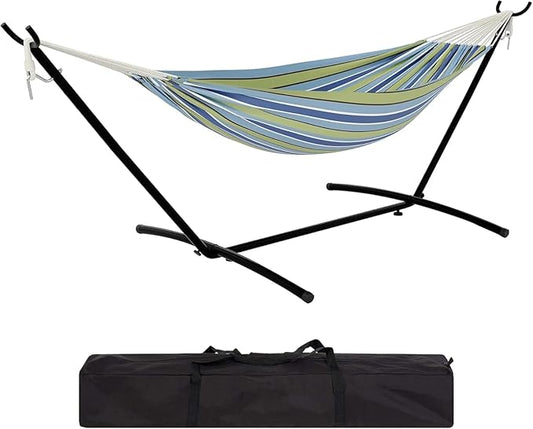 Double Hammock with Stand, 2 Person Portable Foldable Outdoor Hammock, 450lb Capacity Heavy-Duty Hammock for Garden, Patio, Backyard, Blue and Green Stripes