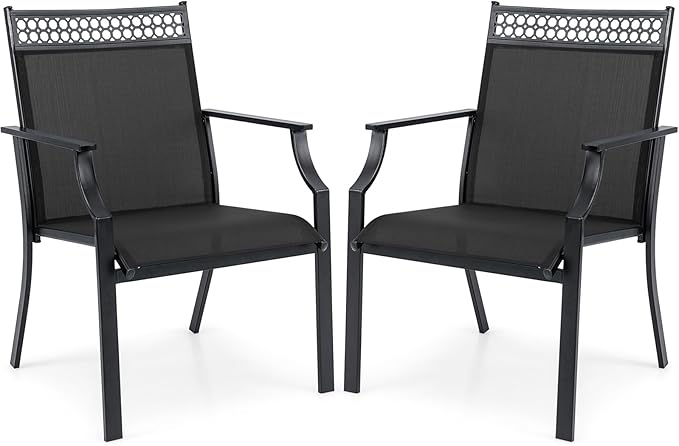 Giantex Patio Chairs Set of 2, Outdoor Chairs with All Weather Fabric, High Backrest, Armrests, Heavy Duty Metal Armchair, Outside Dining Chairs for Porch Lawn Garden Yard Pool, Black