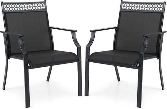 Giantex Patio Chairs Set of 2, Outdoor Chairs with All Weather Fabric, High Backrest, Armrests, Heavy Duty Metal Armchair, Outside Dining Chairs for Porch Lawn Garden Yard Pool, Black
