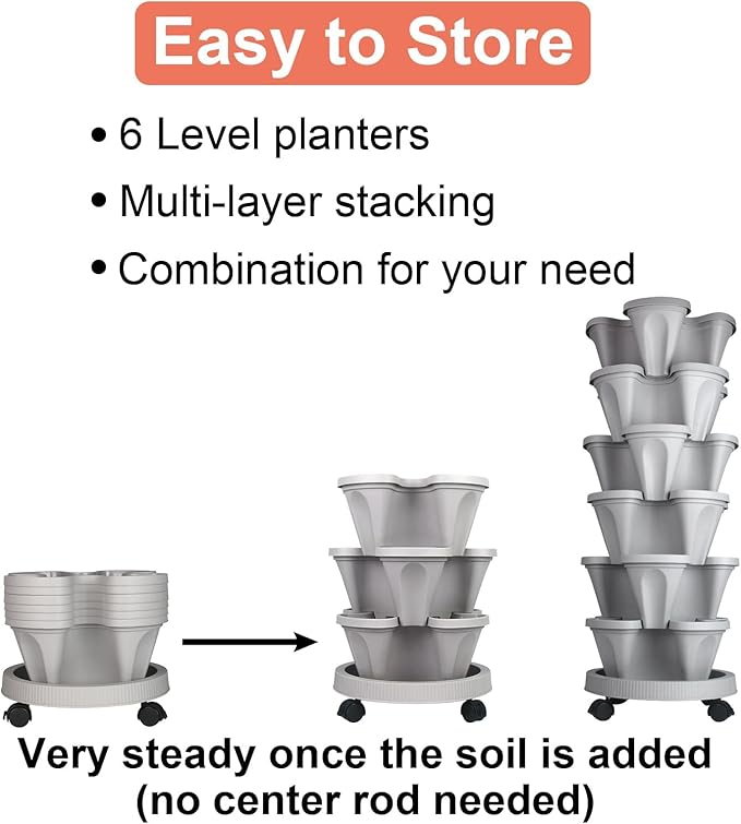 GameXcel Vertical Planter Tower- 6 Tier Stackable Garden Planter with Wheels and Tool Set – Grow Strawberries Herbs Flowers and Vegetables - Indoor Outdoor Use Gray
