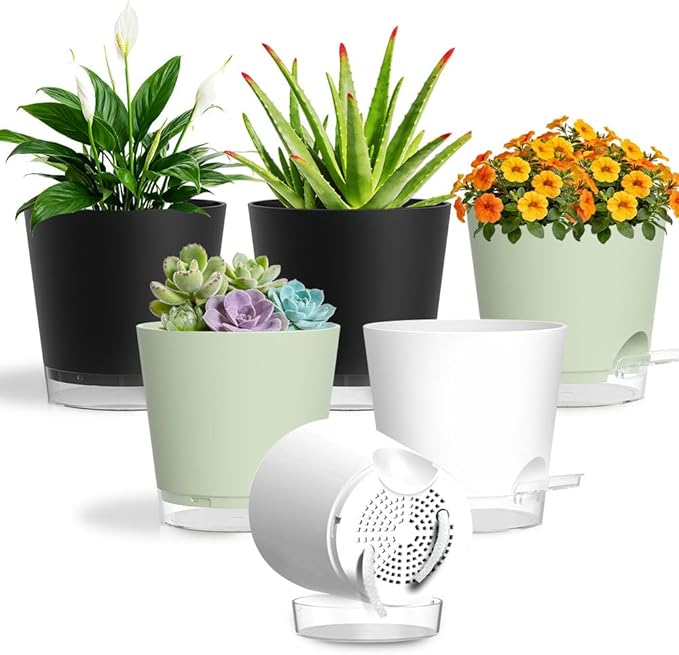 Self Watering Pots for Plants, 2026 New Flower Plant Pots with Drainage Holes, Wicking and Clear Reservoirs for Succulent, Aloe, Cacti and Others - 6 Pack (Colorful, 4")