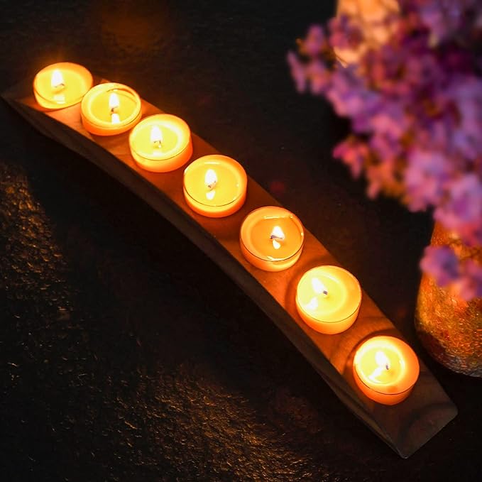 Long Wooden Bridge Tealight Candle Holder, 7 Holes - Candle Centerpieces for Tables - Rustic Wooden Color
