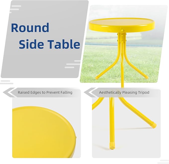 Patio Bistro Set Retro Metal Outdoor Seating Set Conversation Set 3 Pieces, 2 C-Spring Motion Armchairs and Round Side Table, for Porch, Lawn, Garden（Yellow）