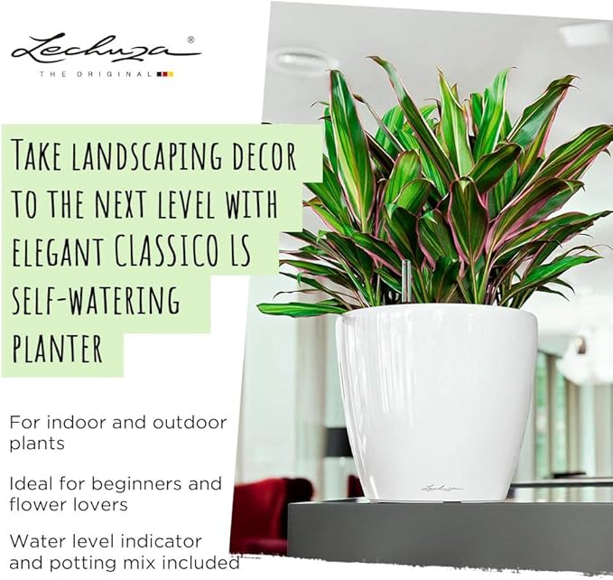 Lechuza Classico LS 28 Cream White High Gloss, Self-Watering Round Planter, D11 H10.2 in