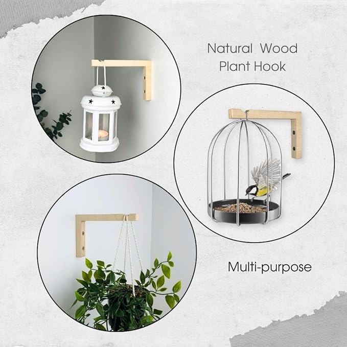 EvenWood 2-Piece Set of Plant Hooks for Wall 6 Inch - L-Shaped Mounted Wooden Plant Hook - Indoor and Outdoor Bracket Plant Hanger for Planters, Lanterns, Bird Feeders and Plant Basket (Natural)