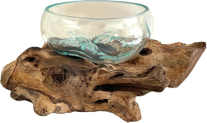 OMA Hand Blown Molten Glass Bowl on Driftwood – Unique Vase, Planter, Terrarium or Candle Holder – Eco-Friendly Recycled Glass & Natural Wood Centerpiece and Artisan Gift - Large Size
