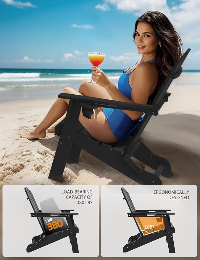 Folding Adirondack Chair Set of 6, Wooden Textured Plastic Adirondack Chairs with 2 Cup Holder, Weather Resistant HDPE Fire Pit Chair, Outdoor Patio Chairs for Garden, Backyard, Lawn, Deck, Black
