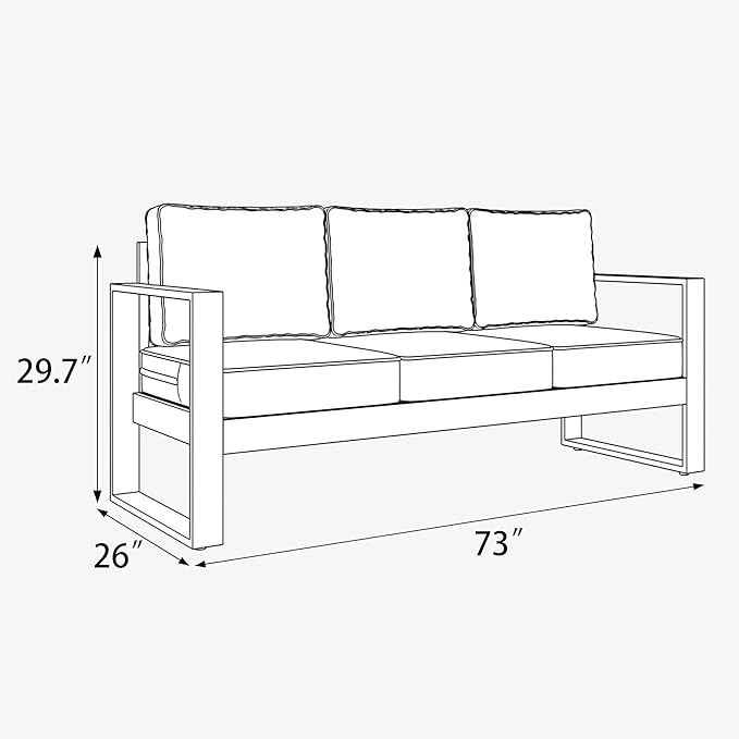 LayinSun Outdoor Patio Aluminum Sofa, Metal Modern 3-Seat Couch with Washable Thick Cushions