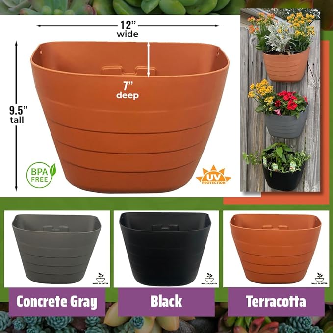 12 Inch Self-Watering Wall Planter for Indoor & Outdoor Use – Vertical Hanging Planter, BPA-Free, UV-Resistant – Perfect for Flowers, Herbs & Vegetables (Concrete Gray, Without Plug)