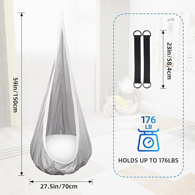 Kids Swing Seat Hammock Chair Indoor Outdoor Hanging Chair for Children,Soft & Safe with High Weight Capacity, Easy Install Perfect for Bedroom, Garden, Playroom (Gray)