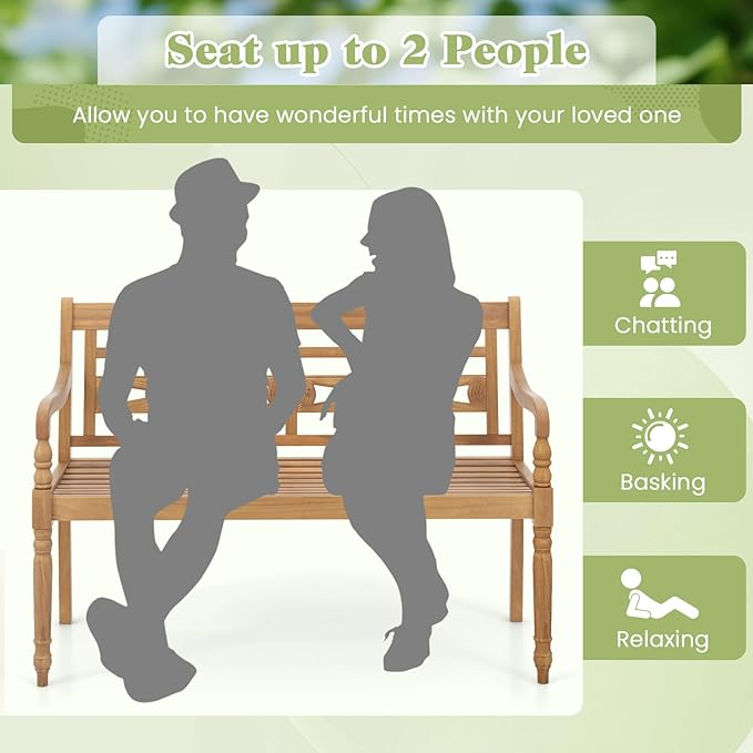 Tangkula Outdoor Bench, 2-Person Garden Bench with Wide Backrest and Curved Armrests, Teak Wood Patio Bench for Backyard, Porch and Park, 600 LBS/300 KG Weight Capacity, Natural