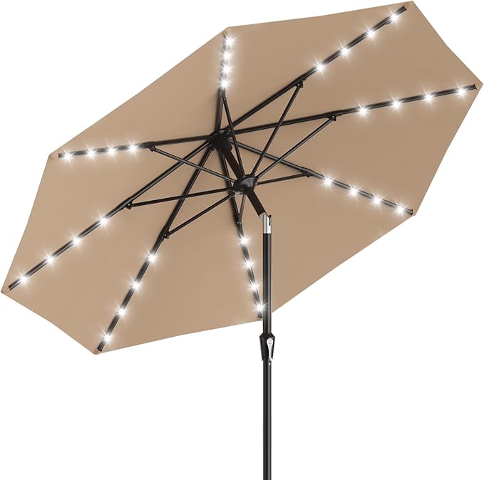 AreShark 9FT Patio Umbrella with Solar Lights, 32 LED Lighted Pool Umbrella w/Tilt and Crank, Outdoor Market Solar Umbrellas for Garden, Deck, Backyard, Pool and Beach, Beige