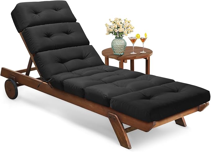All Weather Chaise Lounge Cushions Outdoor Lounge Chair Cushion, Waterproof Memory Foam Chaise Lounger Chair Cushion Replacement for Outdoor Patio Furniture with Non-Slip Back and Ties, Black