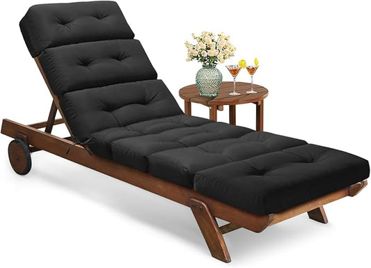 All Weather Chaise Lounge Cushions Outdoor Lounge Chair Cushion, Waterproof Memory Foam Chaise Lounger Chair Cushion Replacement for Outdoor Patio Furniture with Non-Slip Back and Ties, Black