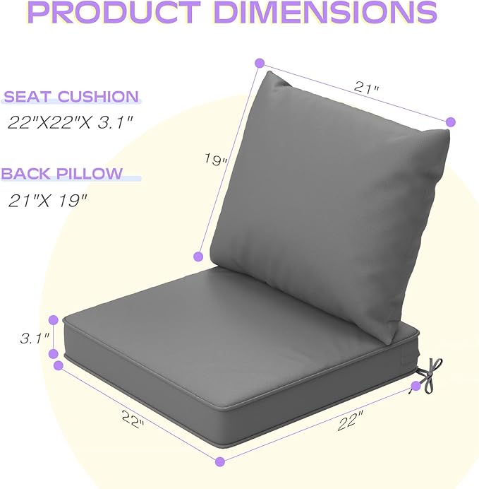 Outdoor Chair Cushions Set of 4, 22 x 22 Inch Patio Chair Cushions with Splash-Proof Covers, Outdoor Cushions for Patio Furniture, Grey