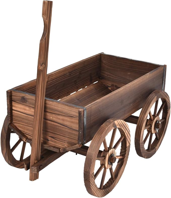 Giantex Wood Wagon Flower Planter Pot Stand W/Wheels Home Garden Outdoor Decor