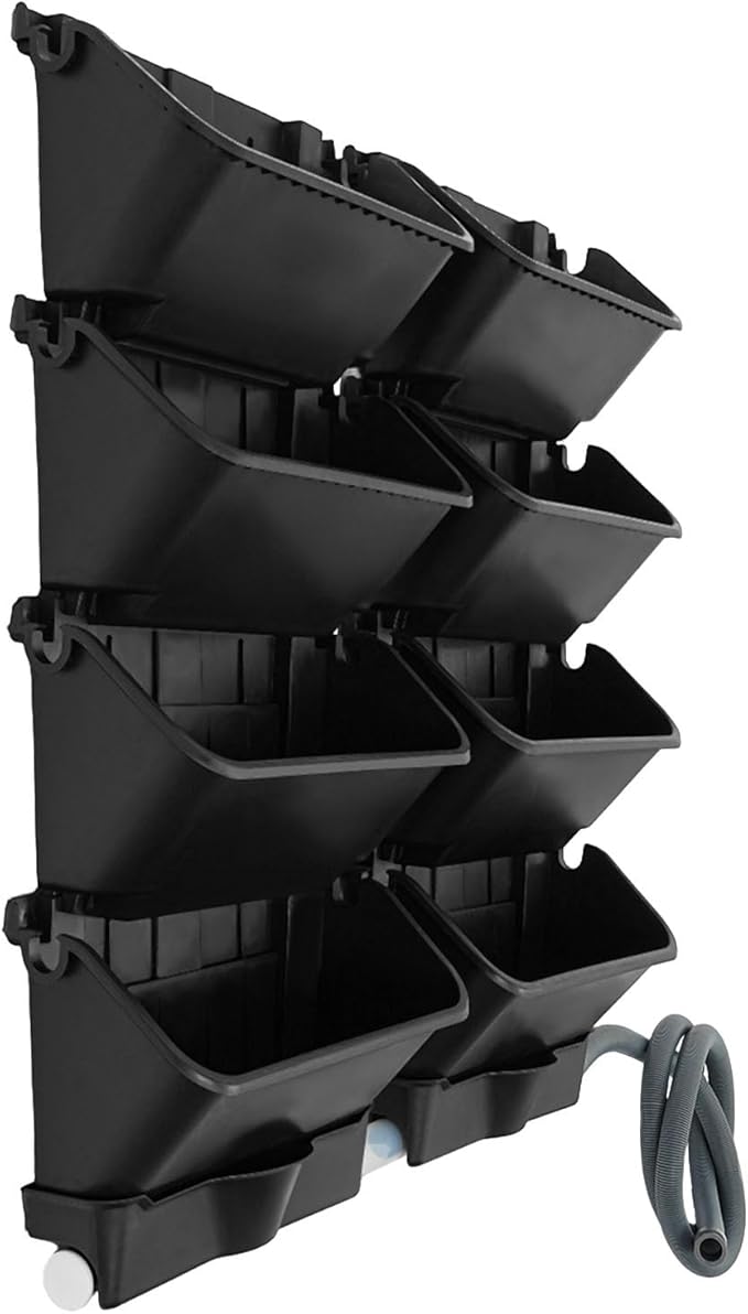 Vertical Wall Planter for Indoor Plant-Walls Mounted Pot with 2 Drainage Tray 8 Pack, with 6.56ft Drainage Pipe for Decor, Plastic Pots Balcony Planters, Plants Hanging (8, Black)