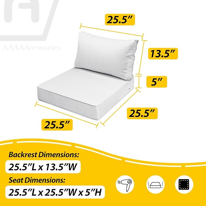 AAAAAcessories Outdoor Seat Cushions for Chairs, Fade-Resistant, Waterproof Patio Furniture Replacement Cushions, 25.5" x 25.5" x 5" + 25.5" x 13.5", Set of 4, Creamy White