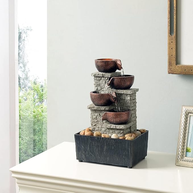 Kalona Tabletop Waterfall Fountain, 4-Tier Indoor Water Fountain, Cascading Bowl with LED Lights and Rocks for Home Office Decoration, Relaxing Desk Fountains(21132B)