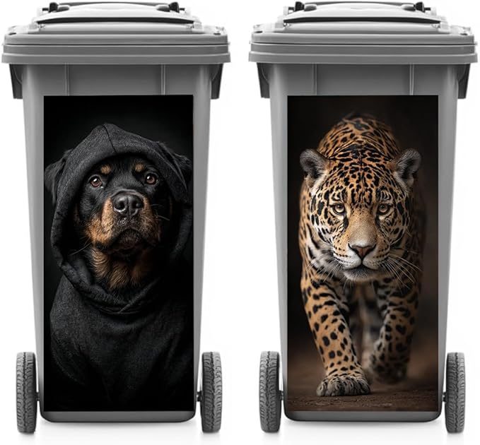 2PC Trash Can Sticker 14.57 x 32.28 Inch Fierce Dog and Wild Leopard Design Animal Theme Decorative Garbage Bin Cover Outdoor Trash Can Decal for Yard Home Garden Street Decoration