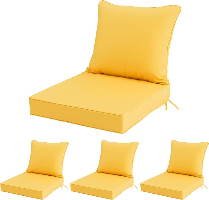 22x22 Inch Patio Chair Cushions Set of 4, Outdoor Furniture Cushions - Removable Cover, Water-Repellent, Fade-Resistant, Non-Slip Bottom & Straps, Replacement for Lawn, Porch & Deck Chair - Yellow