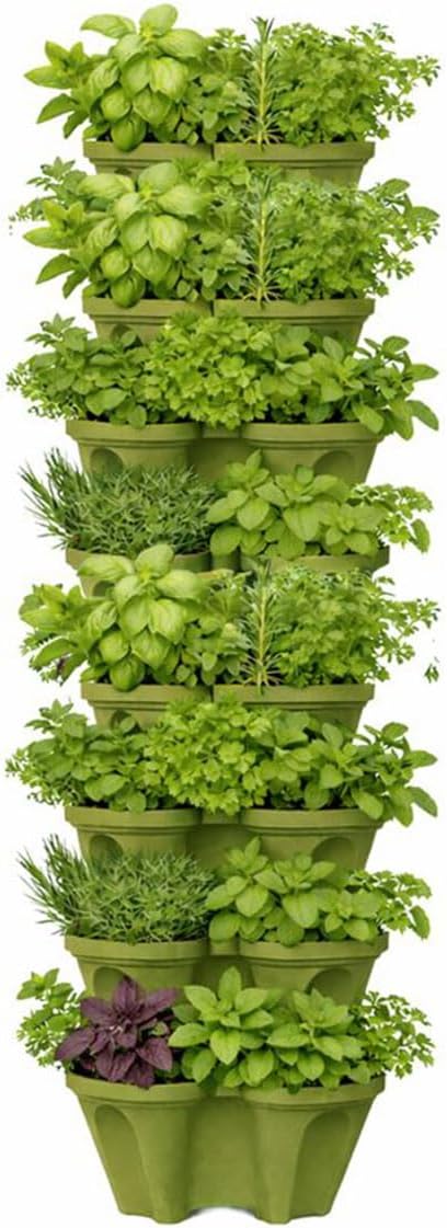 Vertical Garden Planter 4 Tier Stackable System 16 Plants, Space Saving Herb, Strawberry & Food Crop Planter with Center Support Hole for Indoor Outdoor Gardening (8, Sagebrush Green, Small)