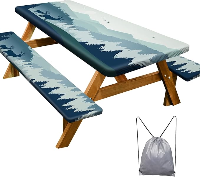 Picnic Table Cover with Bench Covers 6FT 3 Pcs Waterproof Windproof Aesthetic Camping Tablecloth with Drawstring Bag, Fitted for 6 Foot Rectangle Tables and Seats, 72 inch, Blue Deer Forest