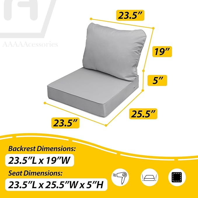AAAAAcessories Outdoor Deep Seat Cushions, Waterproof, Fade-Resistant Patio Furniture Replacement Cushions, 23.5" x 25.5" x 5" + 23.5" x 19", Set of 4, Gray
