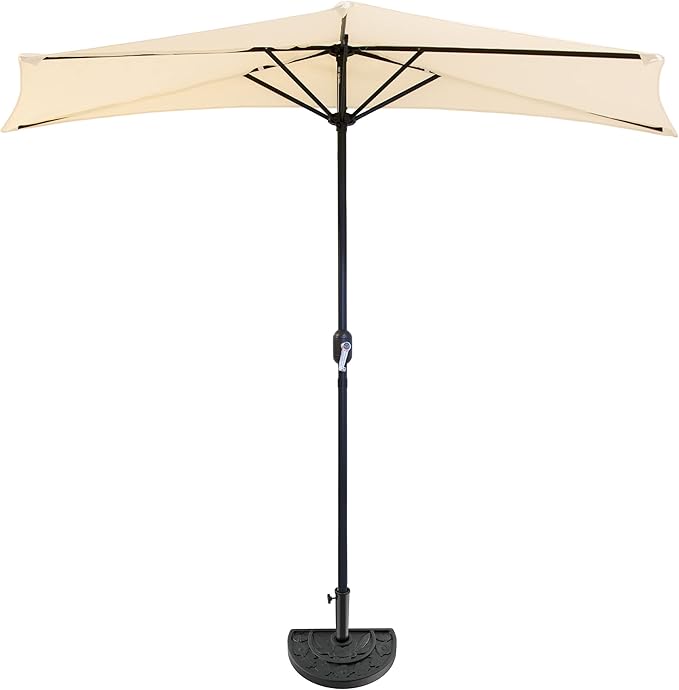 9-Ft Half Patio Umbrella Easy Crank Semicircle Balcony Shade with 20lb Weighted Base for Deck, Porch, or Against a Wall by Pure Garden (Tan)