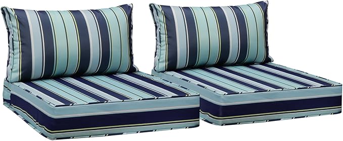 AAAAAcessories Outdoor Seat Cushions for Chairs, Fade-Resistant, Waterproof Patio Furniture Replacement Cushions, 25.5" x 25.5" x 5" + 25.5" x 13.5", Set of 2, Ash Teal Seaside Stripe