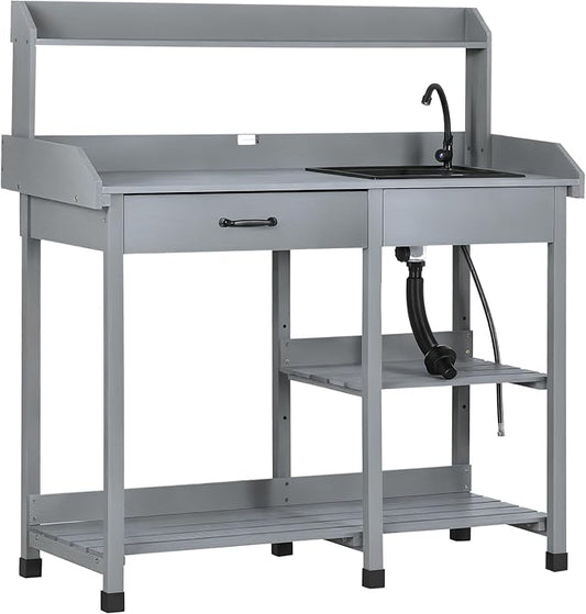 Outsunny Potting Bench Table, Outdoor Garden Table Wooden Work Station with Removable Sink, Faucet, Drawer, Shelves, Hooks, Gray
