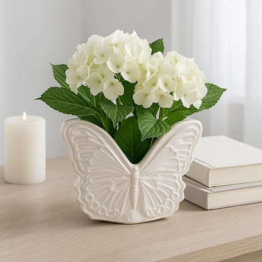 Decorative Ceramic Flower Pots for Home Decor – Indoor and Outdoor Planters with Butterfly Design for Succulents and Garden Plants – Cute Plant Pots for Garden, Patio or Room Decor – 6" Ivory & Tan