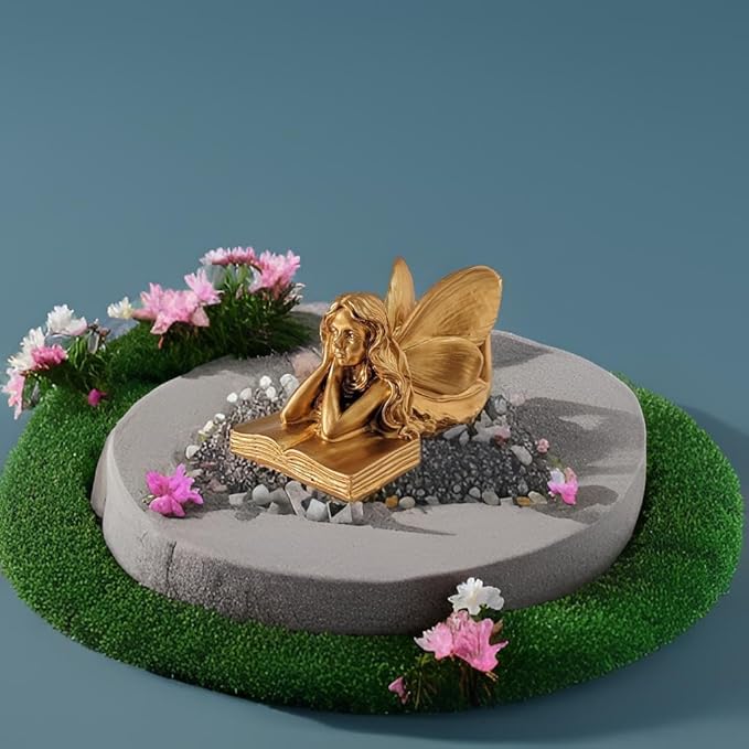 Fairy Figurines - Golden Fairy Reading Statue for Garden, Home Decor, Small Outdoor Angel Figurines, Unique Gift Idea