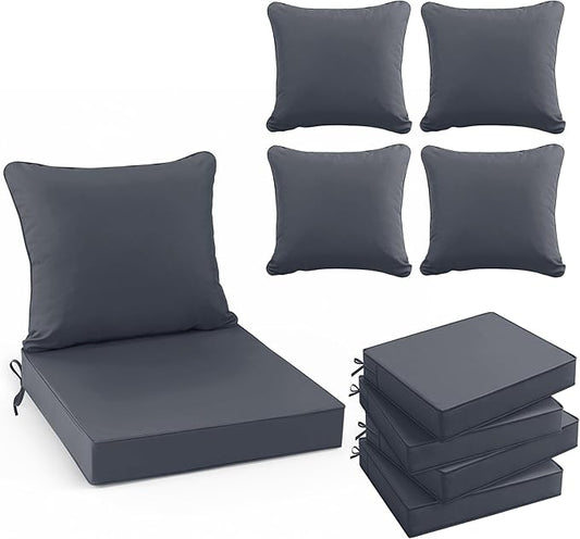 Patio Chair Cushions Set of 4, Water Resistant Backrest Pillow and Seat Cushion Set for Outdoor Furniture, Sectional Sofa Cushion Replacments, 24 x 24 Inch, Dark Grey