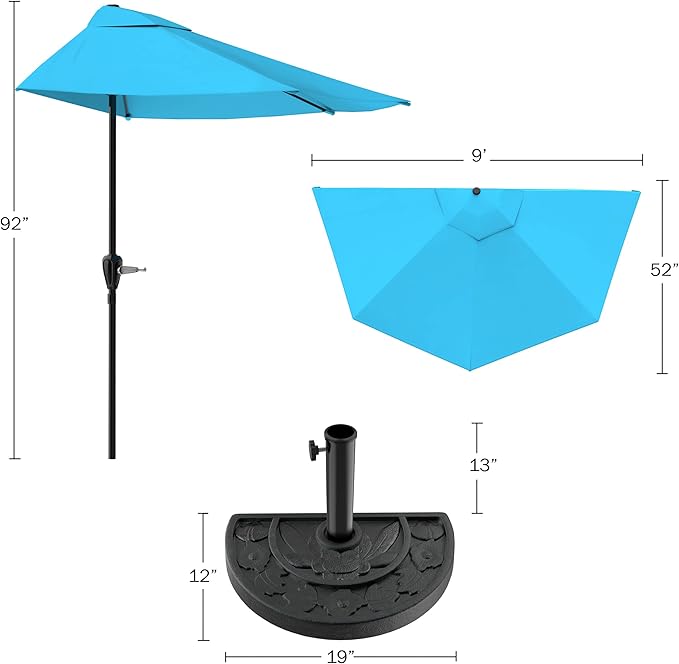 9-Ft Half Patio Umbrella Easy Crank Semicircle Balcony Shade with 20lb Weighted Base for Deck, Porch, or Against a Wall by Pure Garden (Bright Blue)