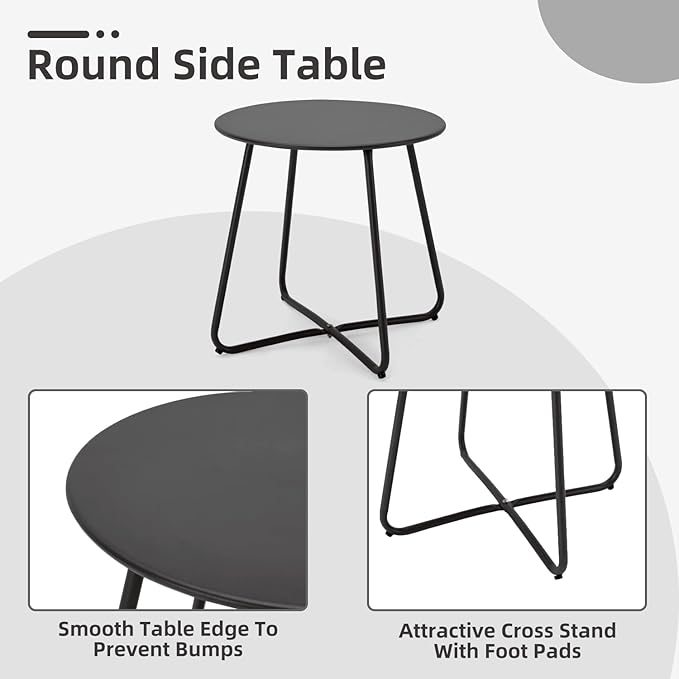 MELLCOM 3 Piece Patio Set, Small Patio Furniture Set - 2 C-Spring Metal Chairs with Round Side Table, Outdoor Bistro Set for Balcony, Front Porch, Poolside, Garden, Deck, Black