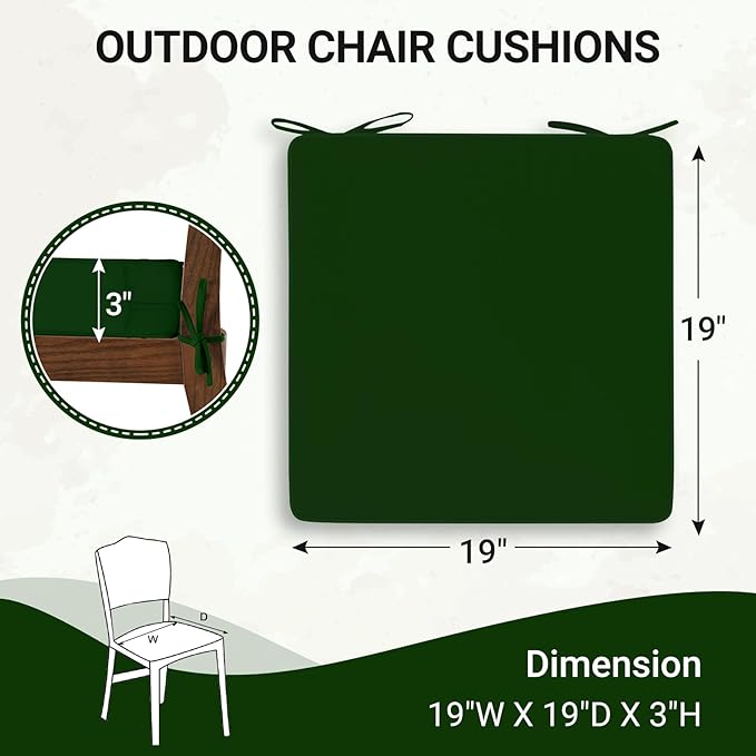 downluxe Waterproof Outdoor Chair Cushions Set of 2, 19" x 19" x 3" Patio Chair Cushion with Non-Slip Ties & Handle, Square Outdoor Cushion for Patio Furniture with Removable Cover, Forest Green