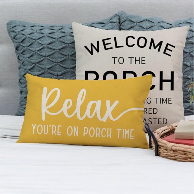 PANDICORN Farmhouse Throw Pillow Covers 12x20 Inch Relax Porch Time Yellow Outdoor Spring Summer Decorations Lumbar Decorative Cushion Case for Front Porch Patio Couch Sofa Decor