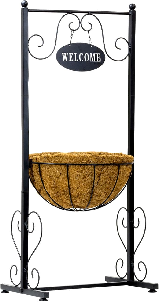 Sorbus Welcome Planter Basket Stand with Coco Liner, Stylish Flower, Plant, and Outdoor Décor for Home, Garden, Patio, Deck, Black Metal