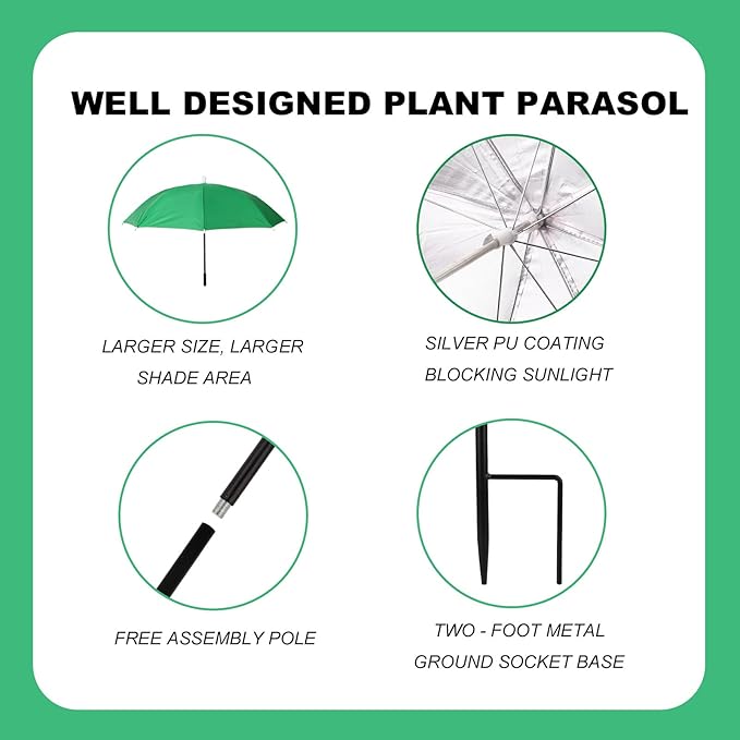 Adjustable Plant Shade Umbrella, Waterproof Garden Parasol with Iron Poles & H-Shaped Stake Outdoor Sun Cover for Potted Plants Vegetables Flowers (Green)