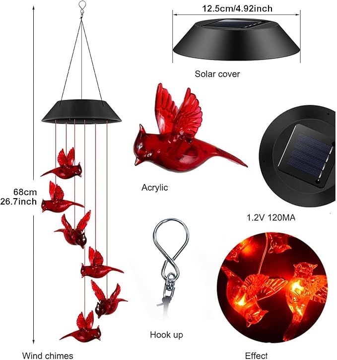 Cardinal Solar Wind Chimes for Outside,2PK Cardinal Gifts for Women Mom Mother,Solar Red Bird Memorial Wind Chimes,Solar Powered Wind Chime Waterproof,Red Bird Decor for Garden Patio Outdoor Porch