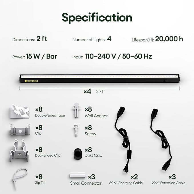 Grow Lights for Indoor Plants 2FT, Sun-Like Full Spectrum 5000K Grow Light, 60W(4 x 15W), T5 LED Grow Light Strips for Indoor Plants and Flowers, High PPFD, Linkable, Black, 4-Pack