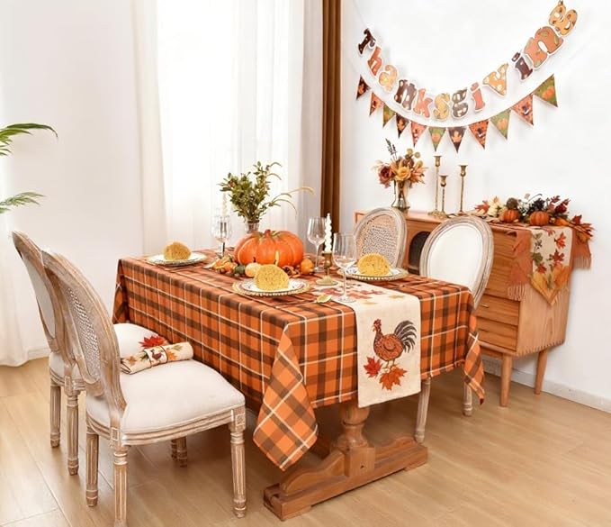 Waterproof Checkered Tablecloth Fabric - Rectangle 58x84 Inch Fall Themed Thanksgiving Day Table Cloth for Indoor/Outdoor Use - Harvest Table Cover for Kitchen, BBQs, Halloween