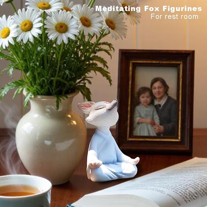 Meditating Buddha Fox Statue Resin Zen Animal Sculpture Yoga Figurines Indoor Outdoor Fengshui Decor for Patio Garden Yard Lawn Tabletop Planter Ponds Pot Bookshelf Ornaments Gifts White